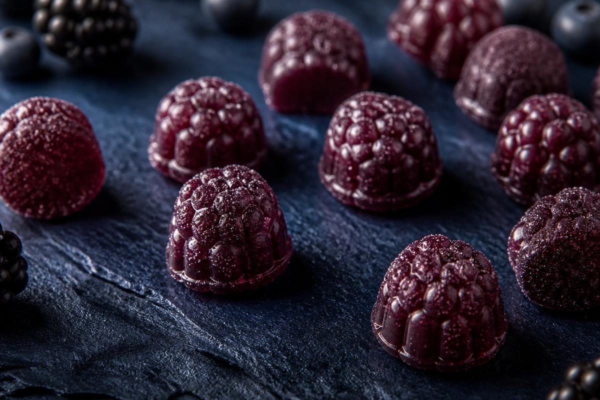 Close-up of deep purple berry-flavored keto BHB gummies on a dark slate surface