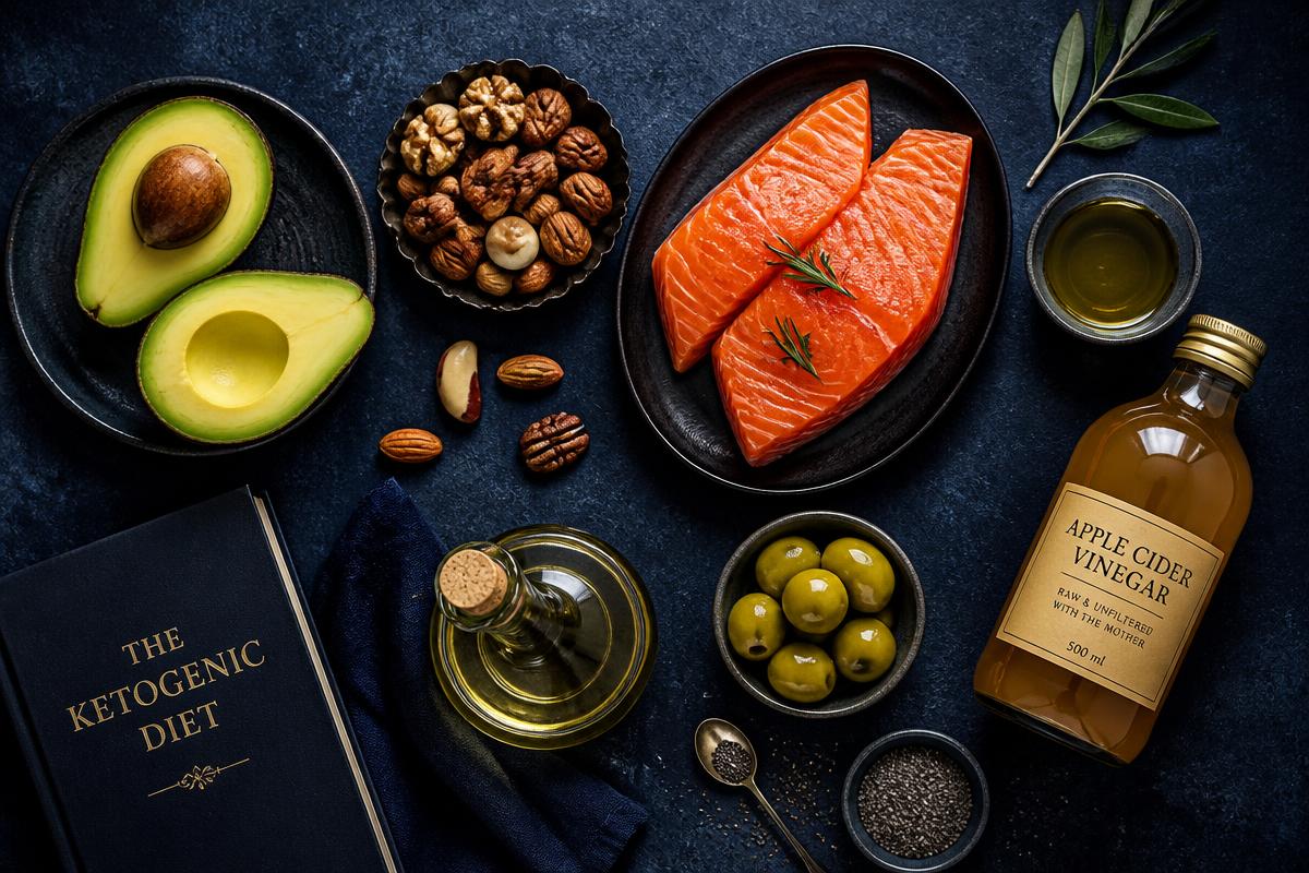 Flat lay of ketogenic foods including avocado, salmon, nuts, olive oil and apple cider vinegar